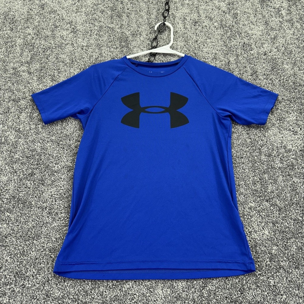 Under Armour Shirt Kids Medium Blue Short Sleeve HeatGear Logo Performance Tee